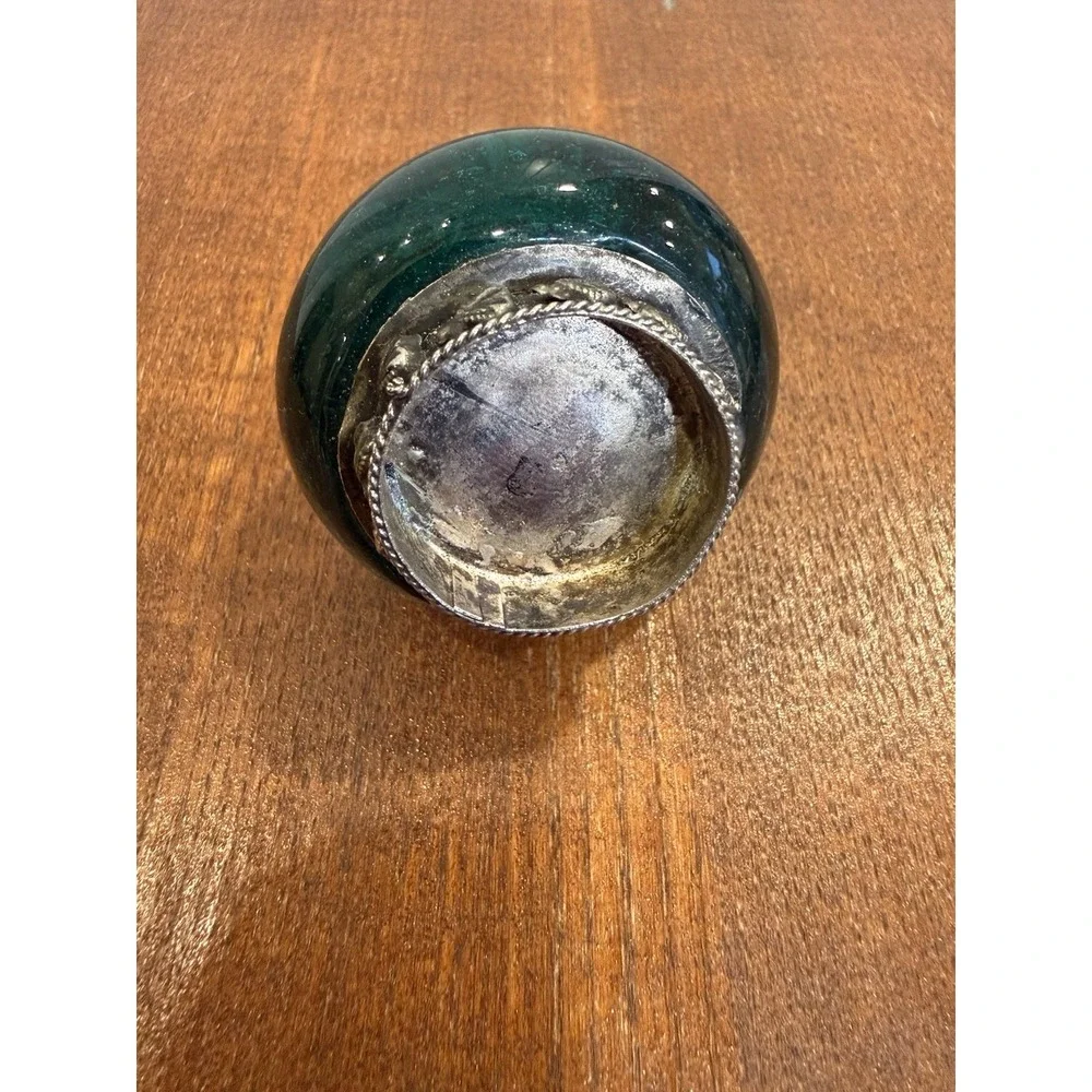 VTG  Sterling silver Plated Dark Jade Pill/ Trinket/ Snuff Green Jade Glass Jar